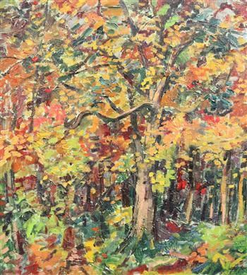 Llewellyn Petley Jones (1908-1986) Woodland scene, 23 x 21in., unframed.